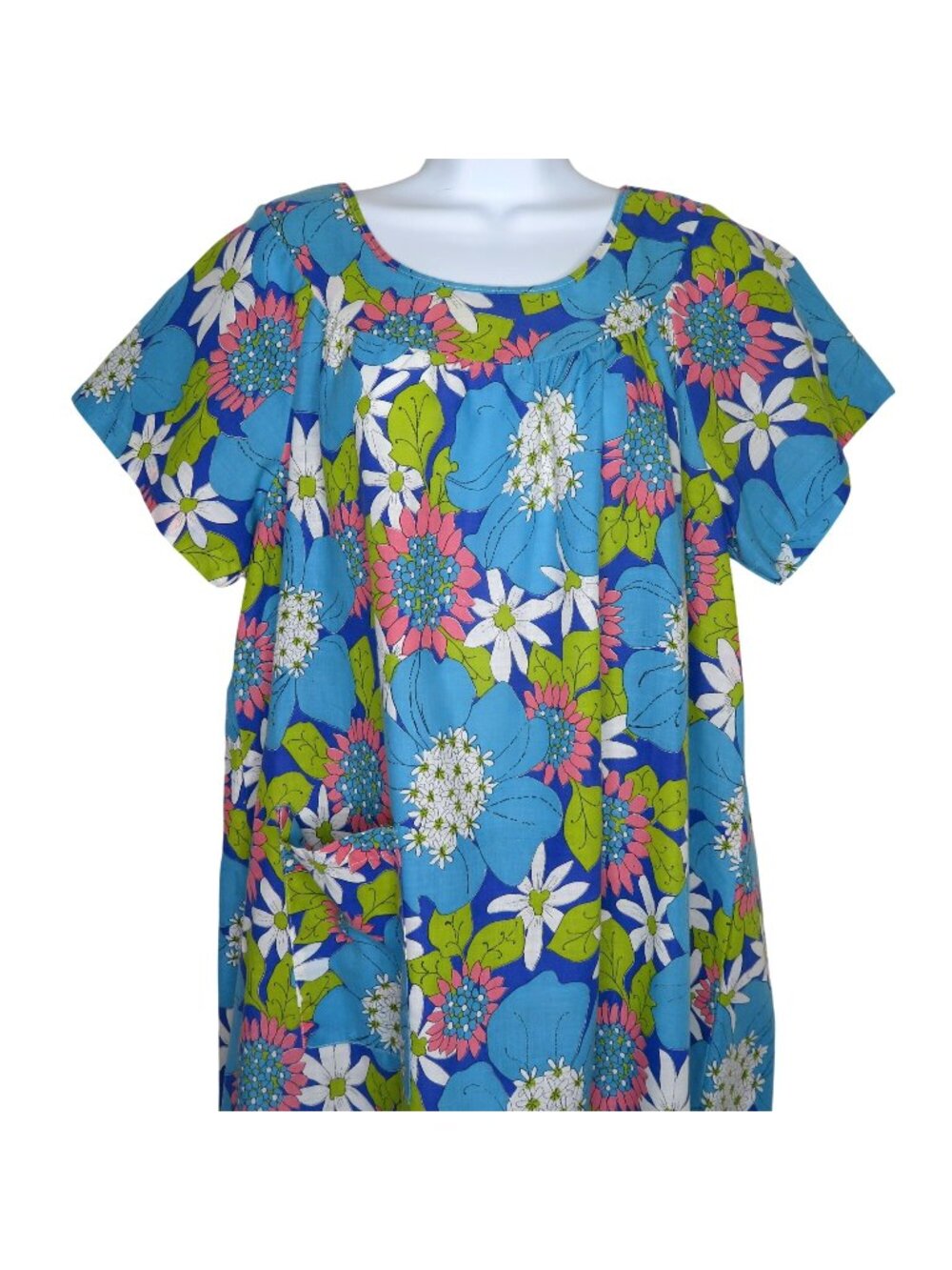 Vintage Sears Fashions Blue Floral Perma-Prest Muumuu Housedress Pocket XL